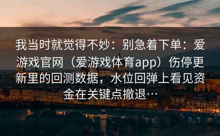 我当时就觉得不妙：别急着下单：爱游戏官网（爱游戏体育app）伤停更新里的回测数据，水位回弹上看见资金在关键点撤退…